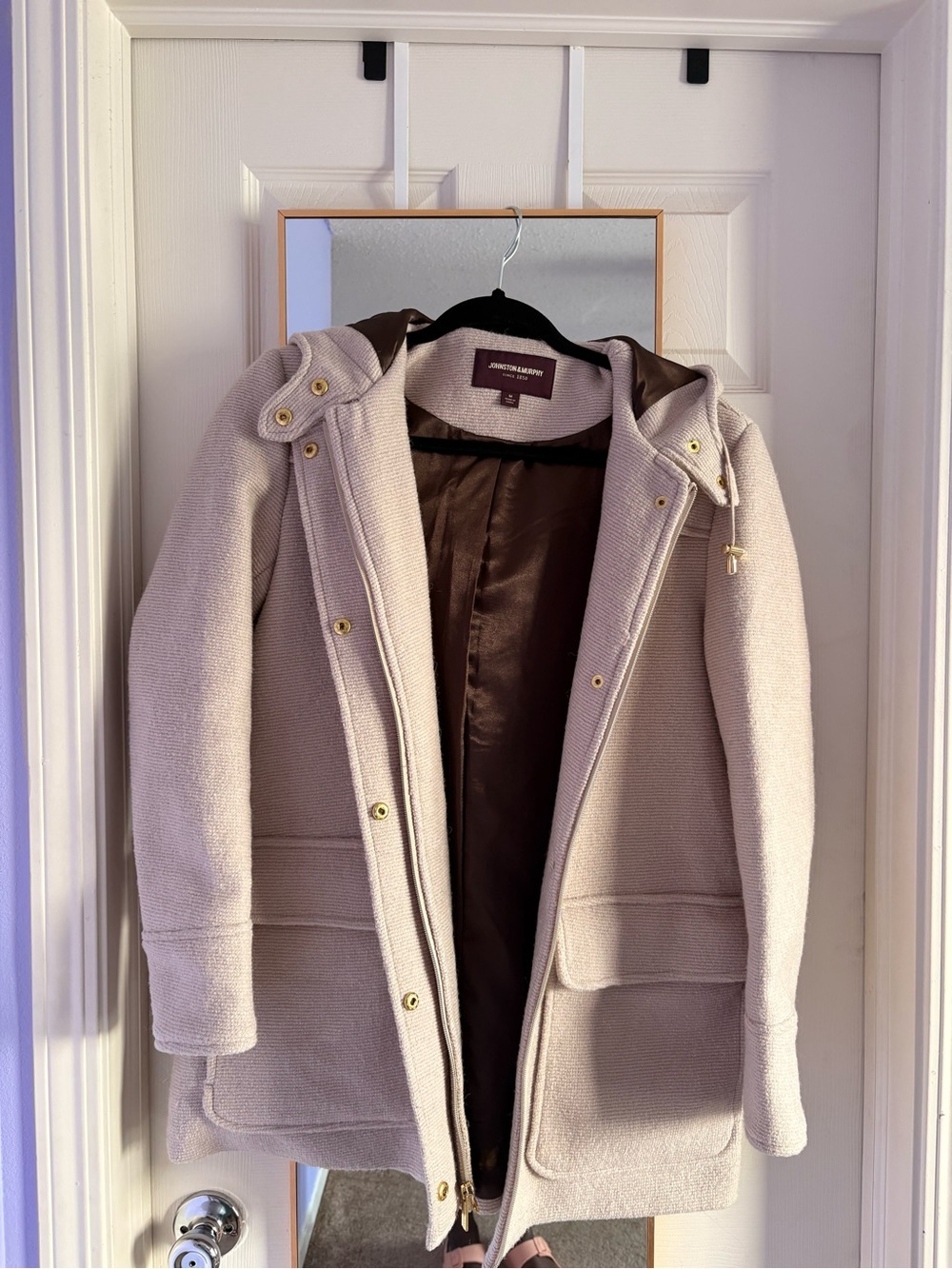 Johnston & Murphy Beige Cream Hooded Wool-Blend Pea Coat